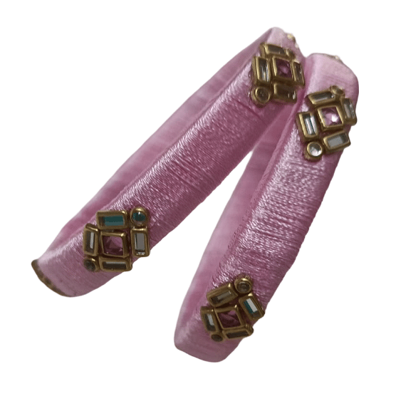 Pink Silk Thread Bangles with Stone Embellishments view 2