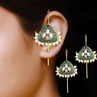 Vivastri Enamelled Polki Kundan Gold Plated Pearl Alloy Ear cuff,Cuff Earrings for Women & Girls - VIVA2817ERG view 2