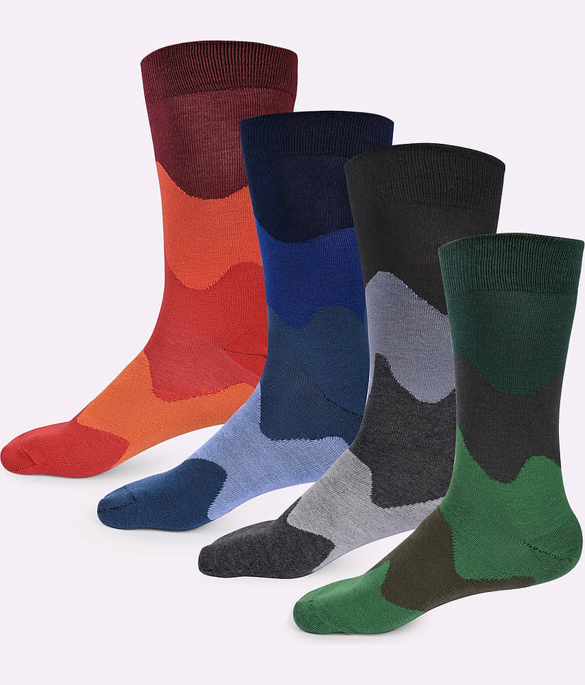 Kolor Fusion Cotton Blend Men's Colorblock Multicolor Mid Length Socks ( Pack of 4 )