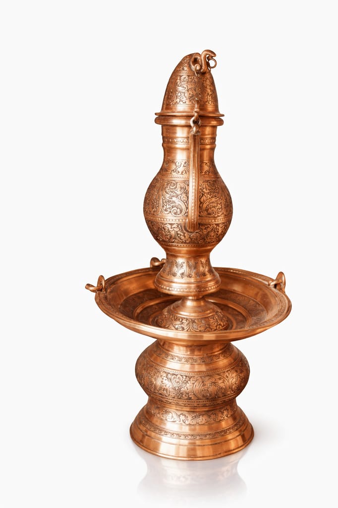 Handcrafted Engraved Copper Kalash with Pedestal Tray – Traditional Pooja Abhishekam Set