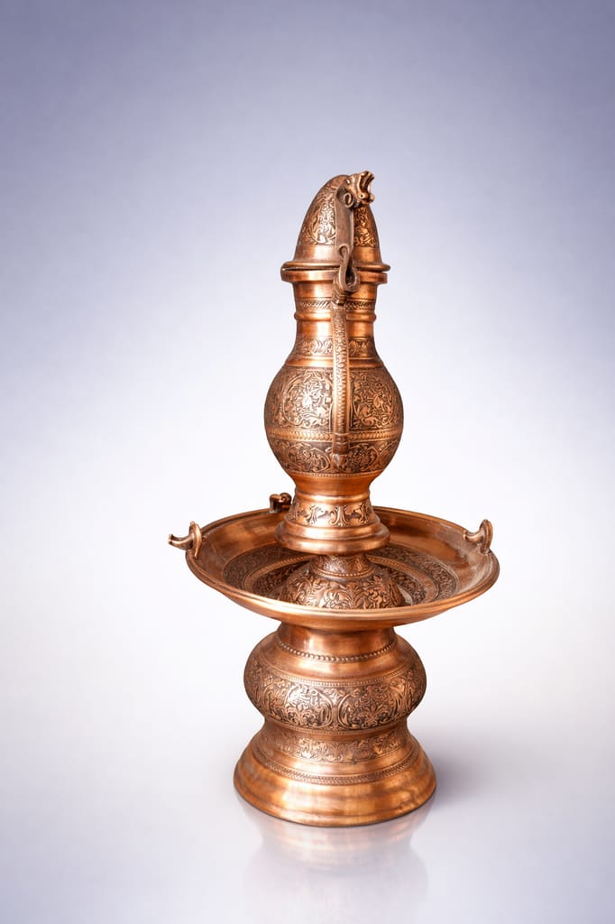 Handcrafted Engraved Copper Kalash with Pedestal Tray – Traditional Pooja Abhishekam Set view 2