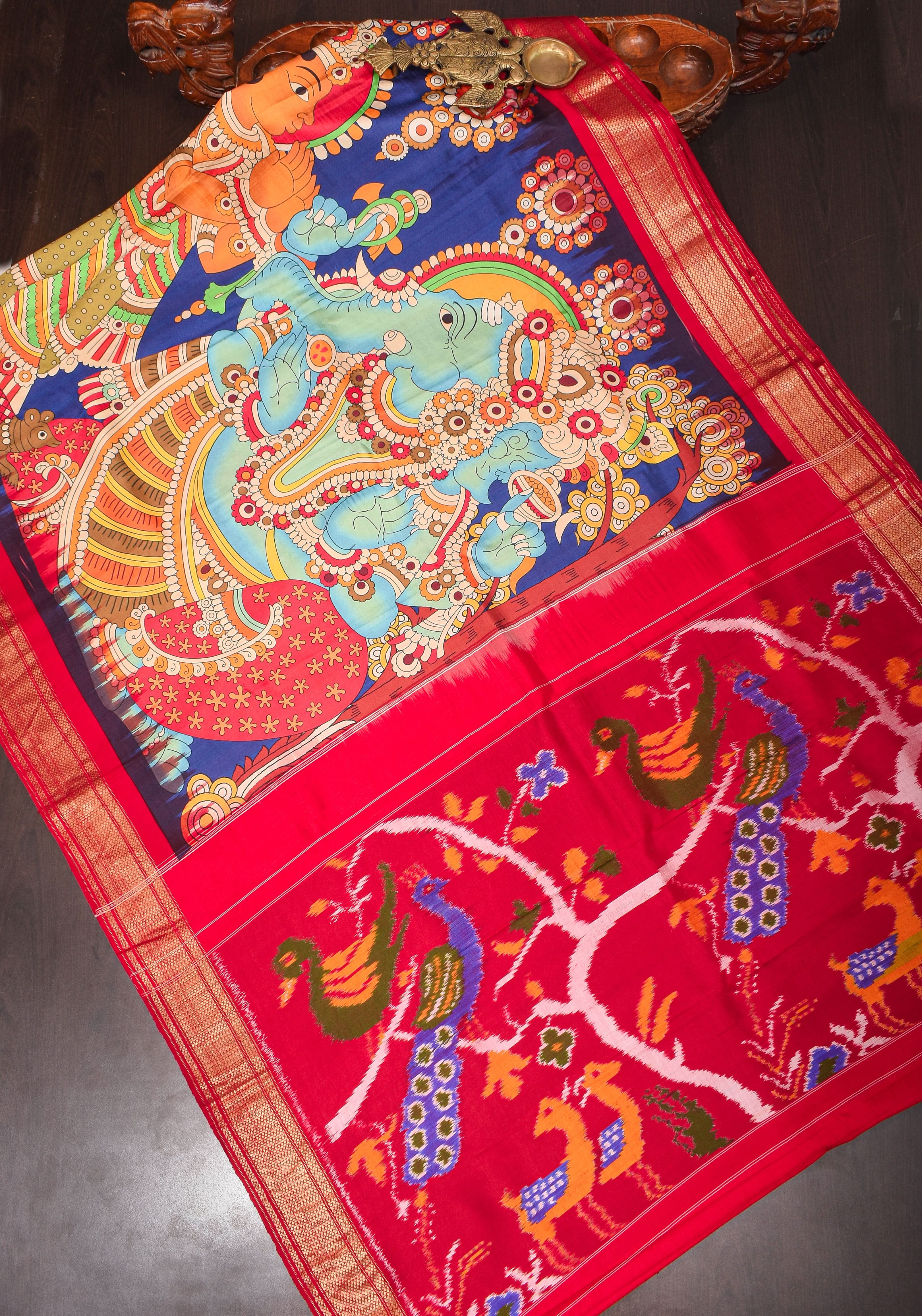 Blue Kalamkari ganesh theme Digital print Pure Silk saree with zari Border and ikkat pallu | SILK MARK CERTIFIED