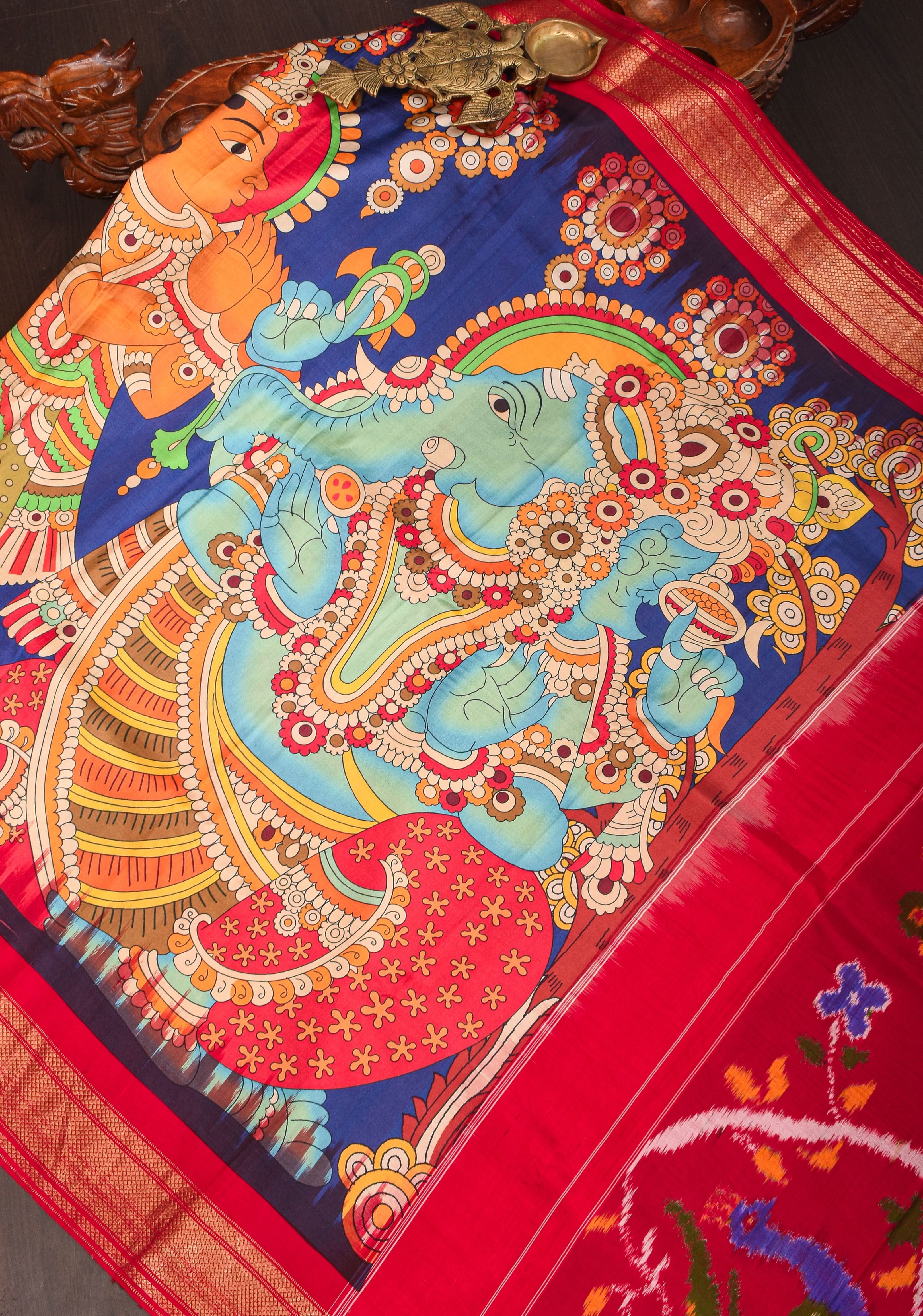 Blue Kalamkari ganesh theme Digital print Pure Silk saree with zari Border and ikkat pallu | SILK MARK CERTIFIED view 2