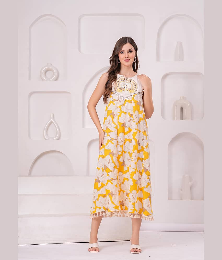 JC4U Women Cotton Self Design Fit & Flare Dress ( Mustard ) view 2