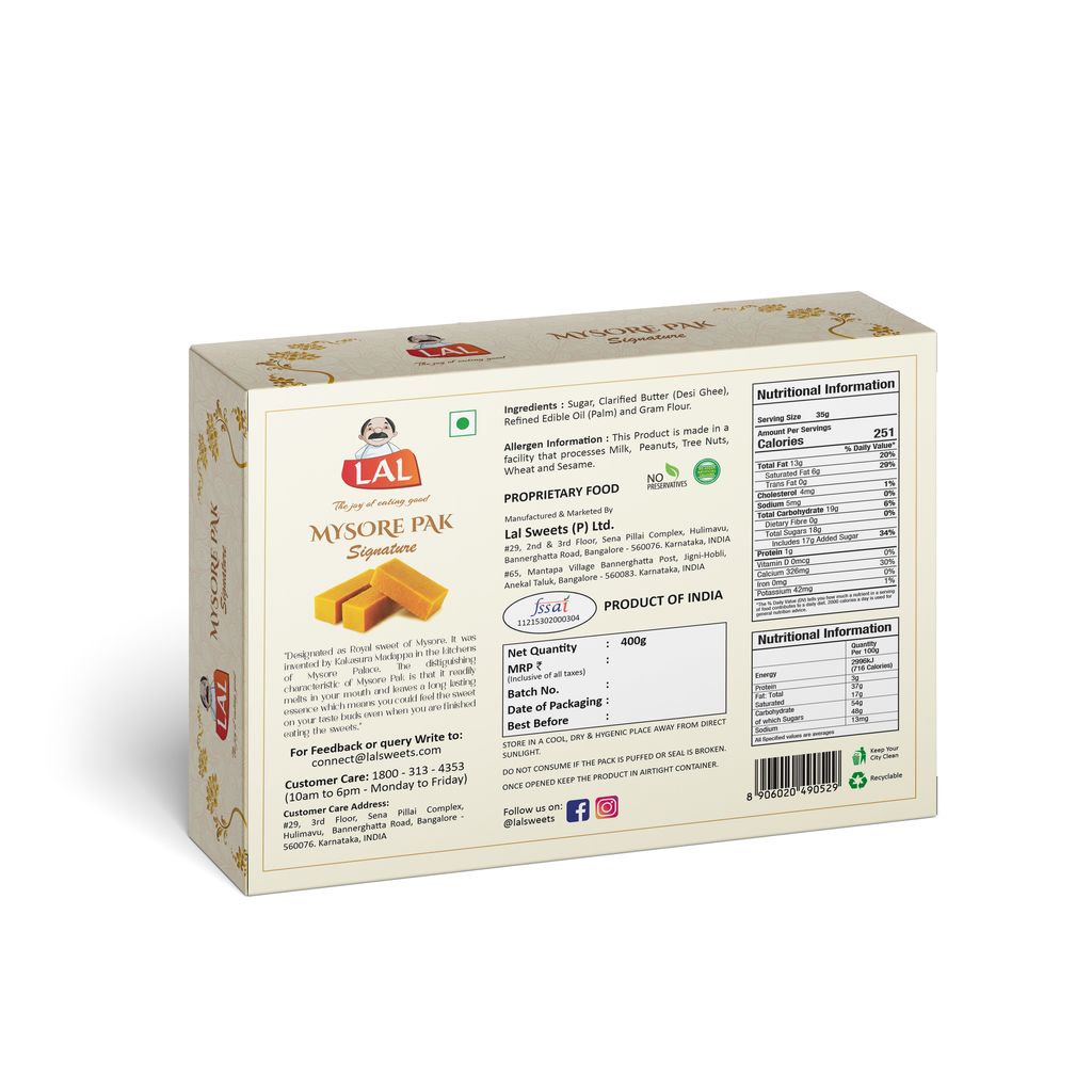Lal Sweets Mysore Pak Signature 400g (Pack of 2) || Made with Cow Ghee || Healthy and Delicious Sweets Melts in Your Mouth || Traditional Taste of Mysuru view 2