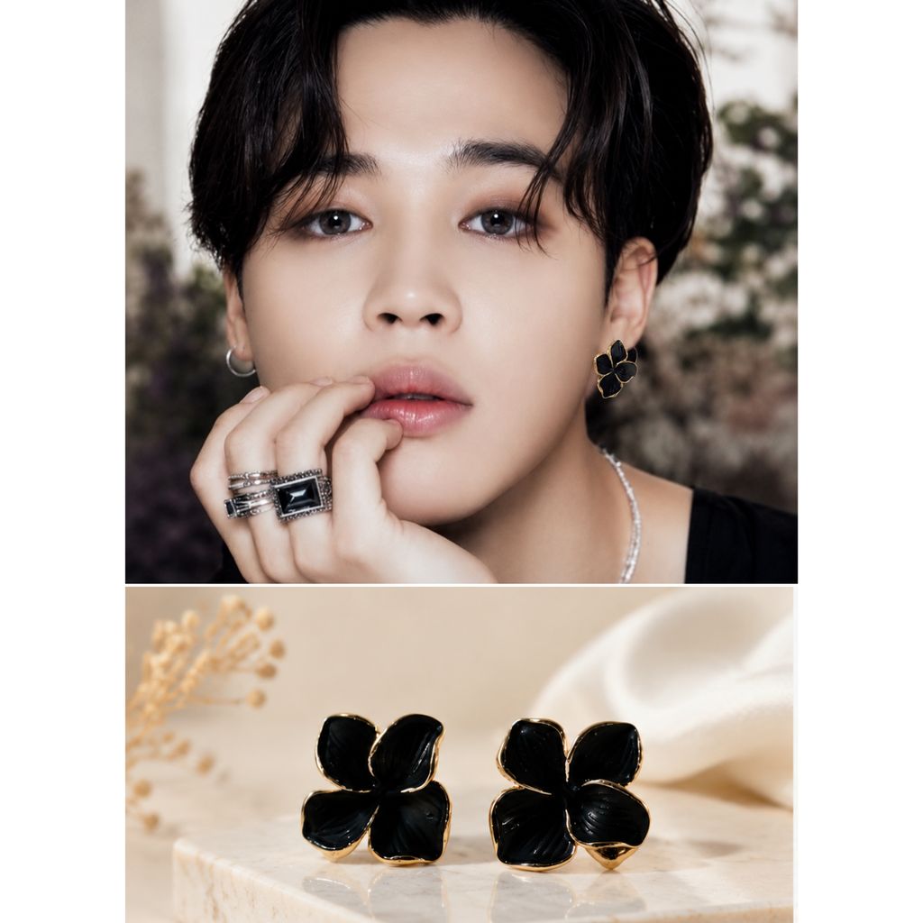 Elegantra Kpop Celebrity Style Anti-Tarnish Matte Black 3D Flower Stud Earrings for Women & Girls | 18K Gold Plated Waterproof Stainless Steel Floral Tops | Anti-Tarnish Premium Korean Western Jewelry view 2