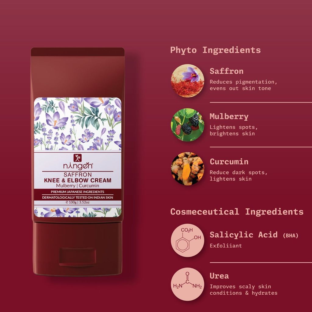 Ningen Saffron Knee and Elbow Cream I Enriched with Mulberry and Curcumin Extracts I Dermatologically Tested, Paraben Free I Softens, Repairs and Heals Dry Skin/Dark Joints I 100g view 2