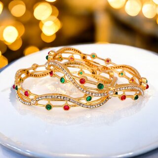 18k One Gram Gold Plated Traditional Designer Pack of 2 Bangle Set For Women view 2