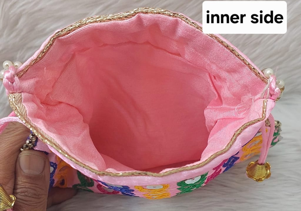 Pink Hand Embroidered Potli Bag with Pearl Handle view 2