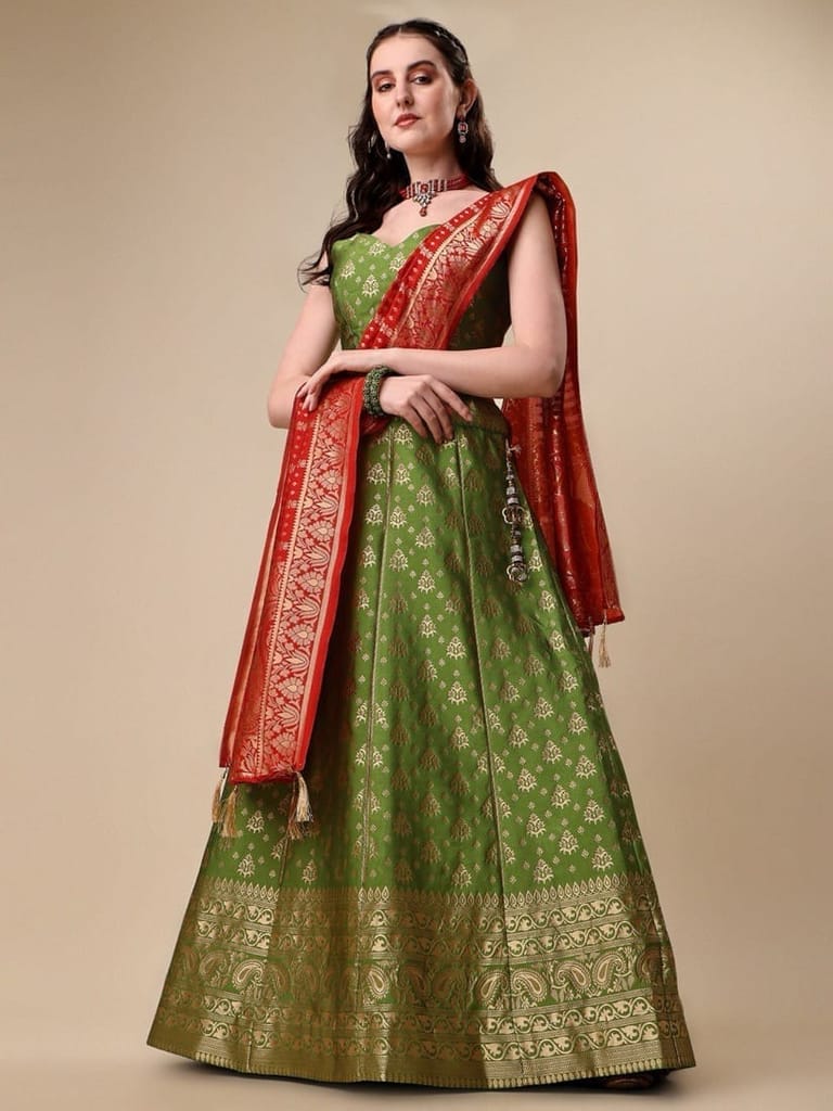 Mahendi Brocade Fabric Lehenga & Unstitched Blouse With Dupatta view 2