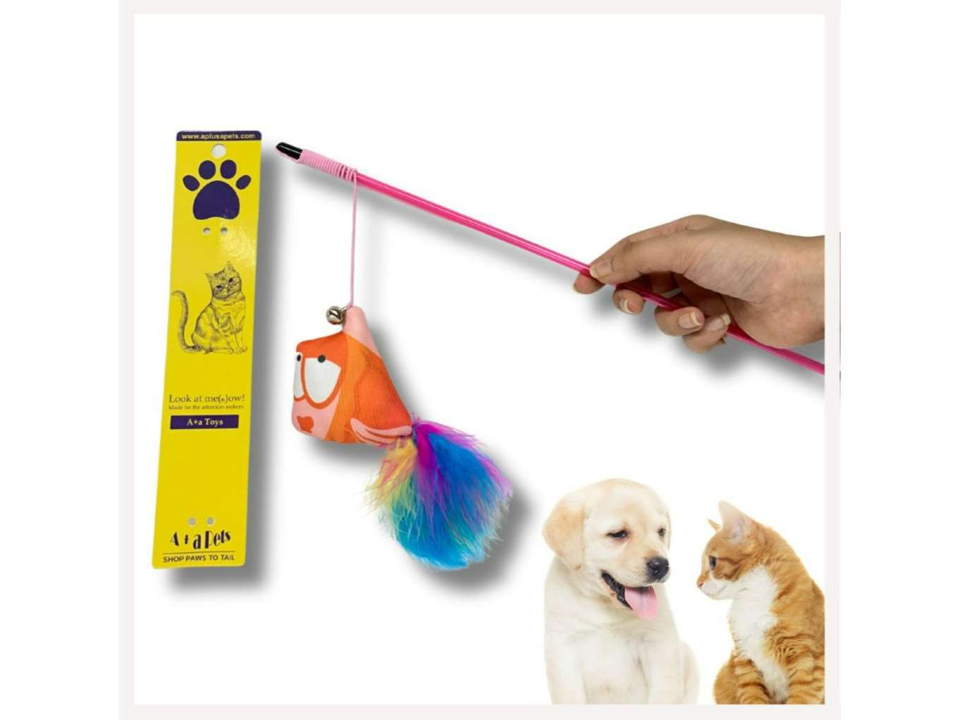 A+a Pets' Cat Wand Teaser Interactive Toy with Feather Tail Play Toy for Cats, Puppies, and Small Animals - Nemo Orange