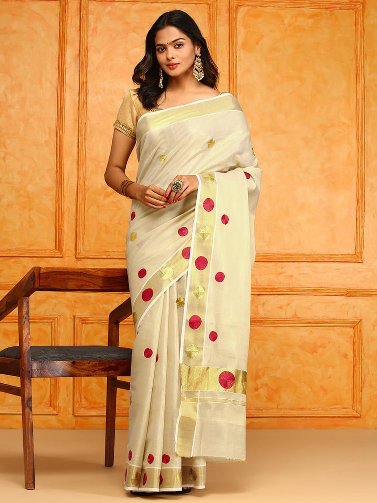 Kerala Cream Gold Jari Weaving Saree view 2