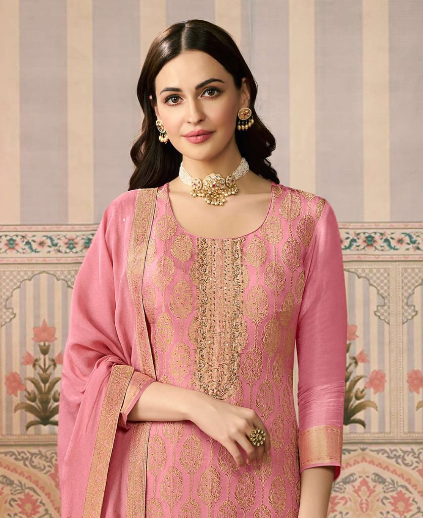 Pink Banarasi Silk Straight Suit for Women (Ethnic Wear) view 2
