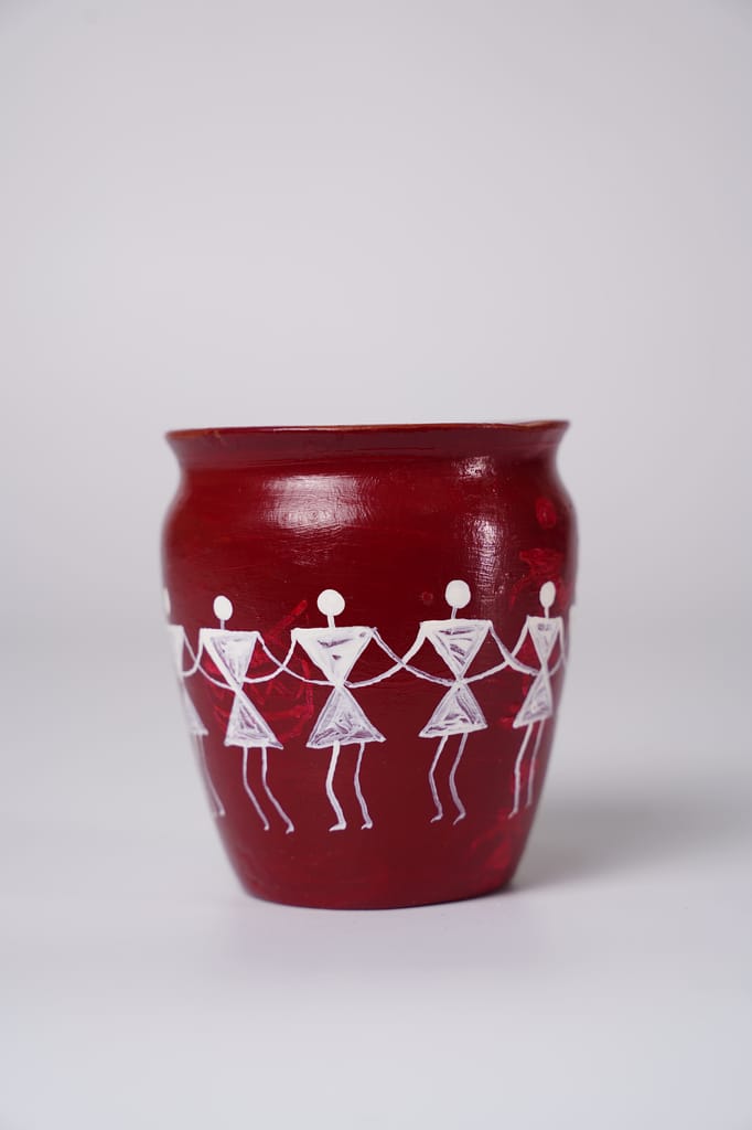 Small Handcrafted Terracotta Pot with Traditional Warli Ar view 2