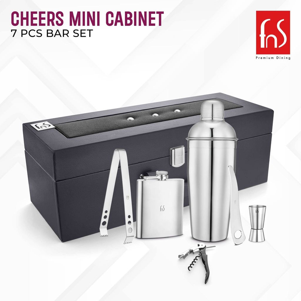 FnS Cheers Mini Bartender Cabinet 6 pcs Bar Set |1 Cocktail Shaker |1 Hip Flask|1 Waiter Knife |1 Dual Peg Jigger |1 Bottle Opener |1 Tong with Leatherette Cabinet Box view 2