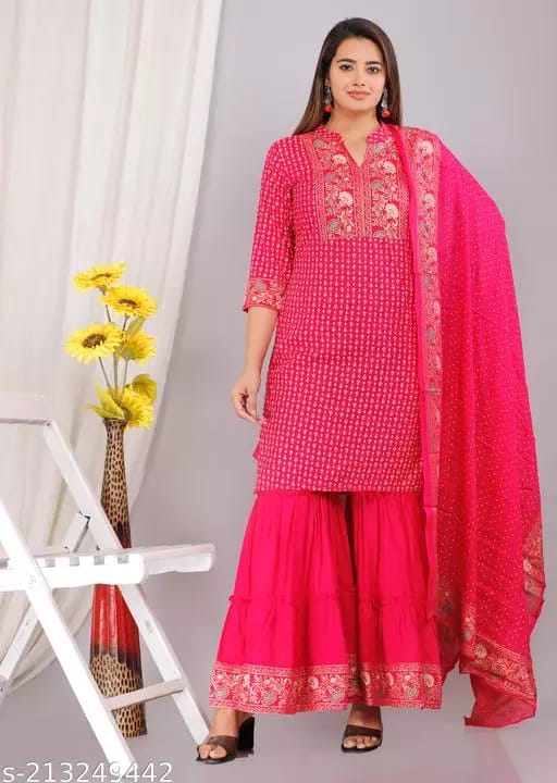 Women Rayon Straight Long Kurti With Pant And Dupatta ( Pink )