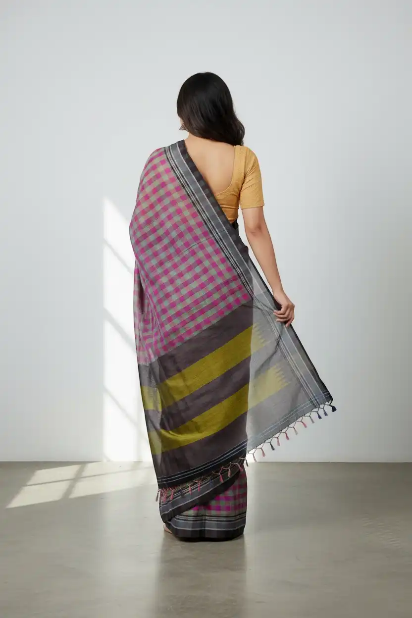 Handwoven Ilkal Cotton Saree in Pink, Green and Silver Checks view 2