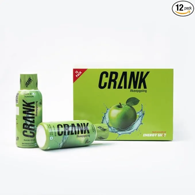Crank Energy Shot Green Apple Flavour (Pack of 12) | 130mg Caffeine + Taurine + B-Vitamins + Phenylalanine | Real Cane Sugar for Optimal Energy | Instant & Sustained Energy for Workouts, Work, Travel, Sports | Pocket Sized | 60ml Each