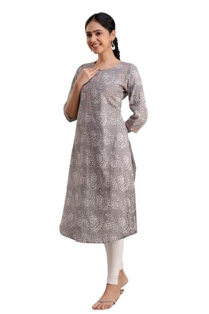 Indian Knots Kantha Printed Grey Kurti with Orange Thread Work view 2