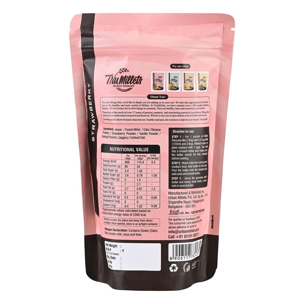 Trumillets 150gm Strawberry Millet Pancake | Instant Breakfast Mix | 100% Vegetarian Eggless Healthy Breakfast for Kids & Adults | No Added Maida | No Refined Sugar |Gluten Free view 2