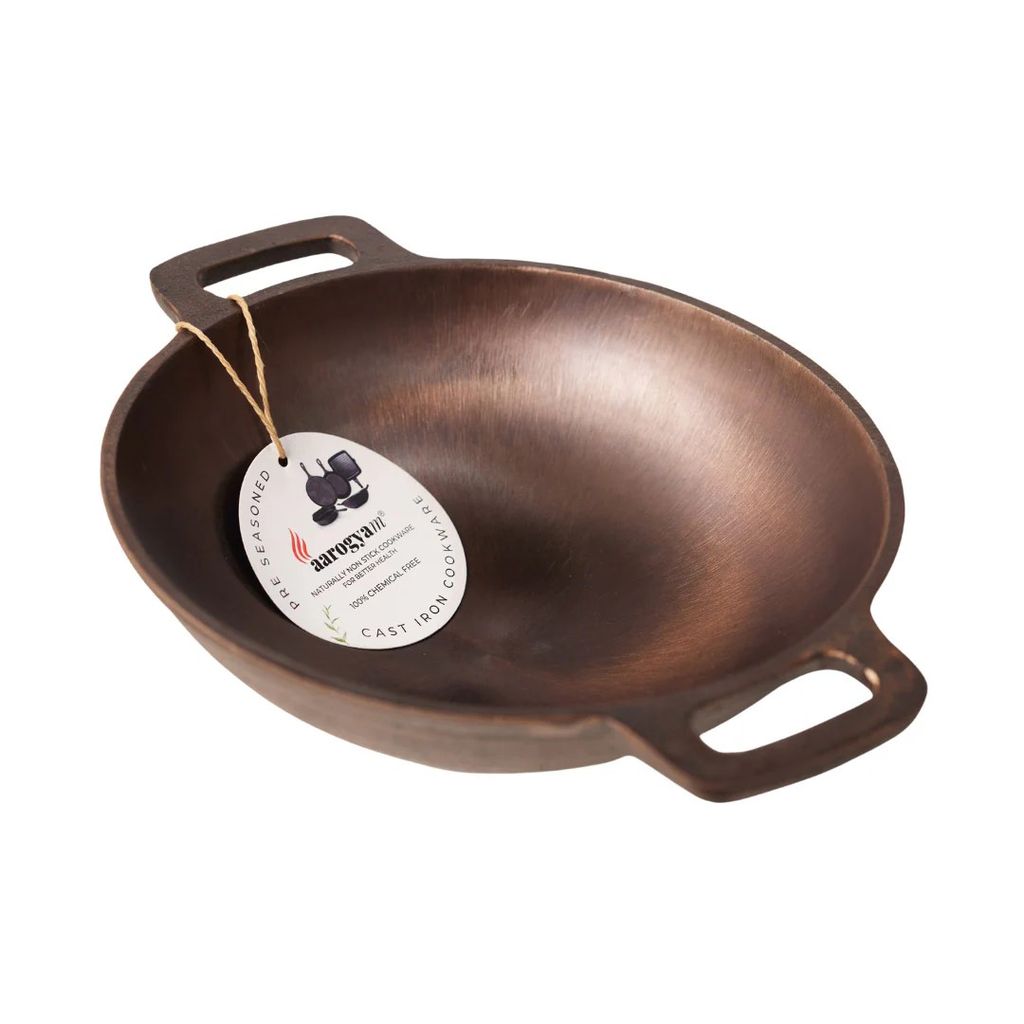 Aarogyam 9" Pre-seasoned Cast Iron Round Kadai, Naturally Nonstick