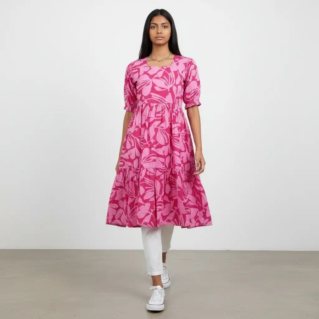 Baby Pink Floral Screen-Print Cotton Kurti for Daily and Work Wear