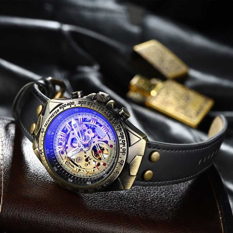 Forsining Skeleton Genuine Leather Série Mystère d'Art Vintage Engraved Rotatable Bezeled Self Winding Automatic Tourbillon Blue Moon Mechanical Analog Watch - For Men view 2