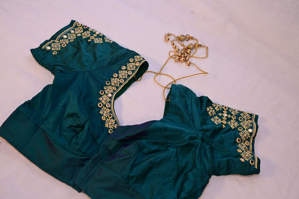 Green blouse with mirror work embroidery view 2