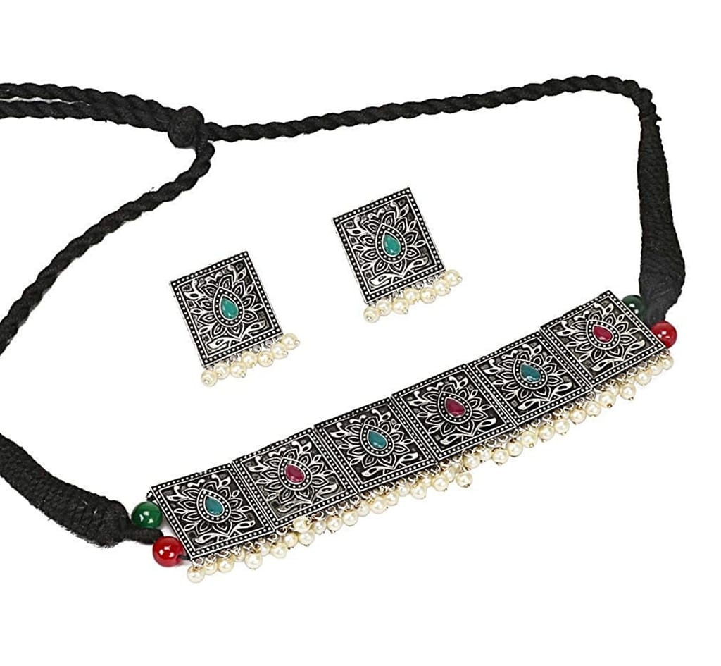 Pujvi Fashions Oxidised Seven Square Multicolor choker Necklace set view 2