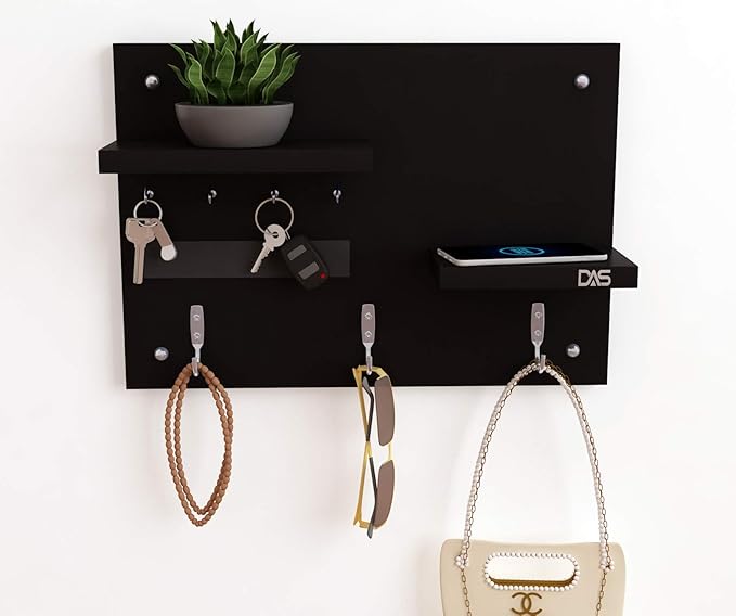 DAS Engineered Wood Wall Mounted Key Hooks with Double Wall Shelf Display Rack Ideal for Home Dcor Key Chain Holder/Organiser - Black (7 Hooks)