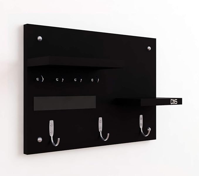 DAS Engineered Wood Wall Mounted Key Hooks with Double Wall Shelf Display Rack Ideal for Home Dcor Key Chain Holder/Organiser - Black (7 Hooks) view 2