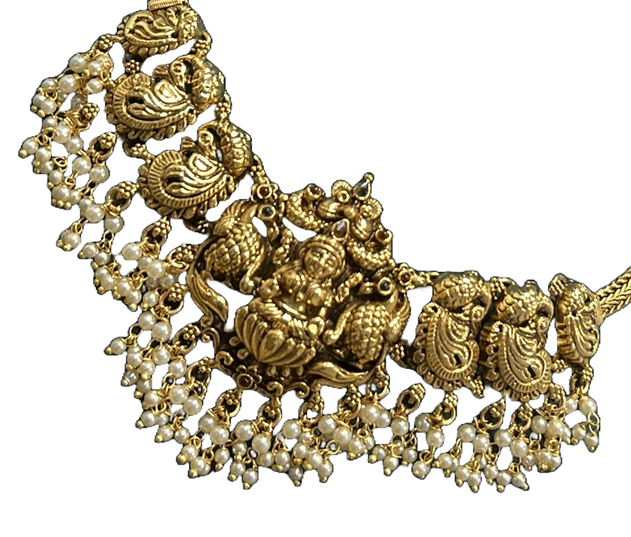 Gold-plated antique finish temple necklace set with pearls view 2