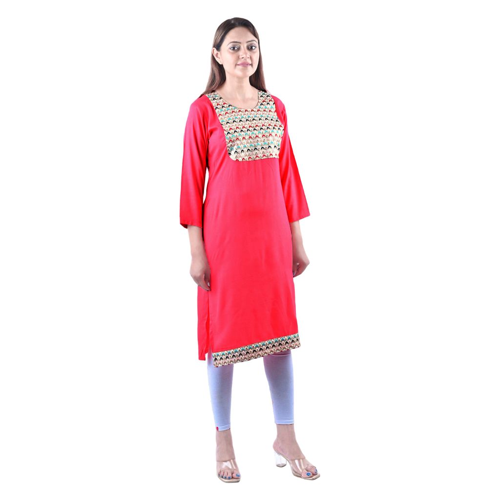 Cotton Rayon Mix Fabric Zari Hand Embriodered Kurti Pink Women's view 2