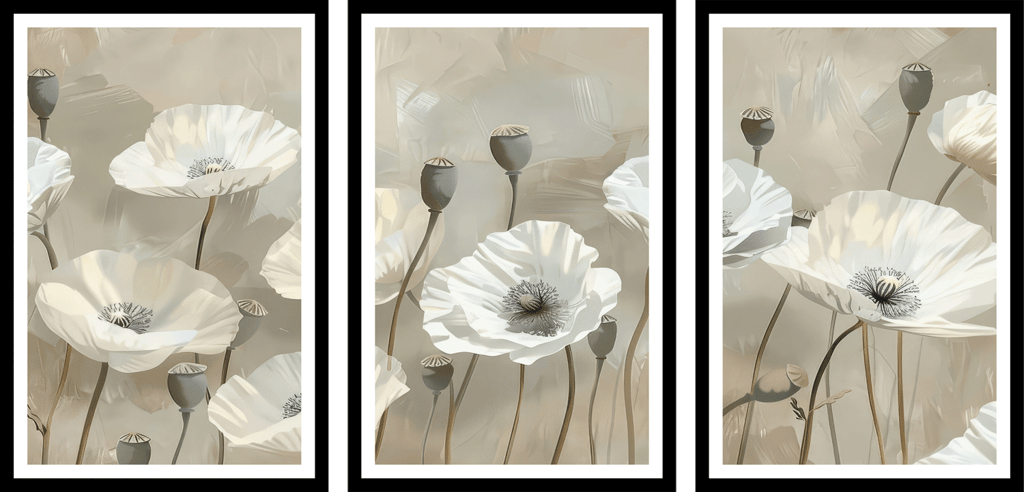SET OF 3 WHITE POPPY FLOWERS WALLART 48in X 24in WITH BLACK FRAME view 2