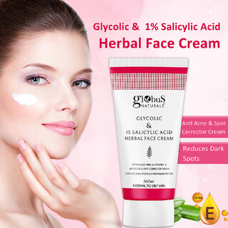 Globus Naturals Glycolic 1 Salicylic Acid Herbal Anti Acne Face Cream Enriched with Aloe Vera Vitamin E Reduces Dark spots Hyperpigmentation 50gm view 2