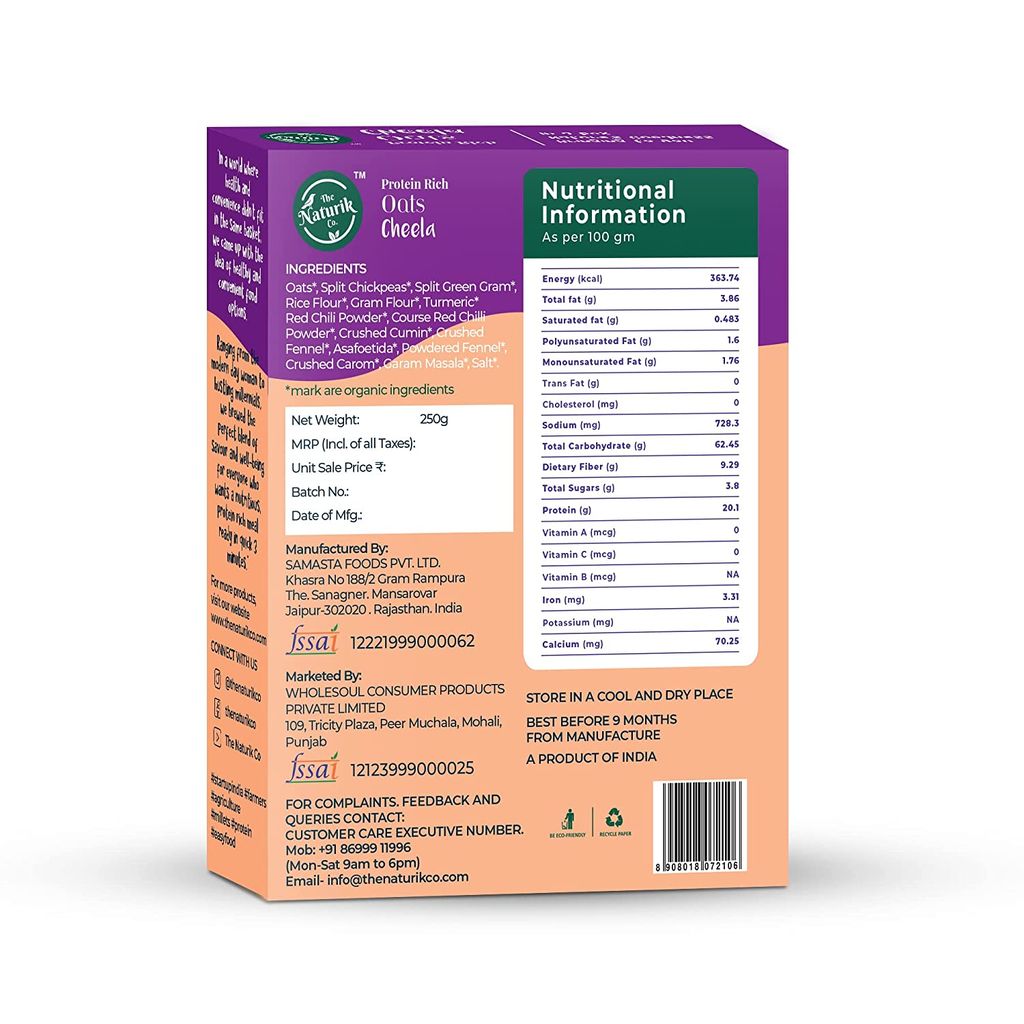 The Naturik Co Oats Cheela Mix, 250g, Ready to Cook Chilla/Dosa for Healthy Breakfast, 80% Oats and Pulses, 20% Protein, Anytime Snack for Kids and Family view 2