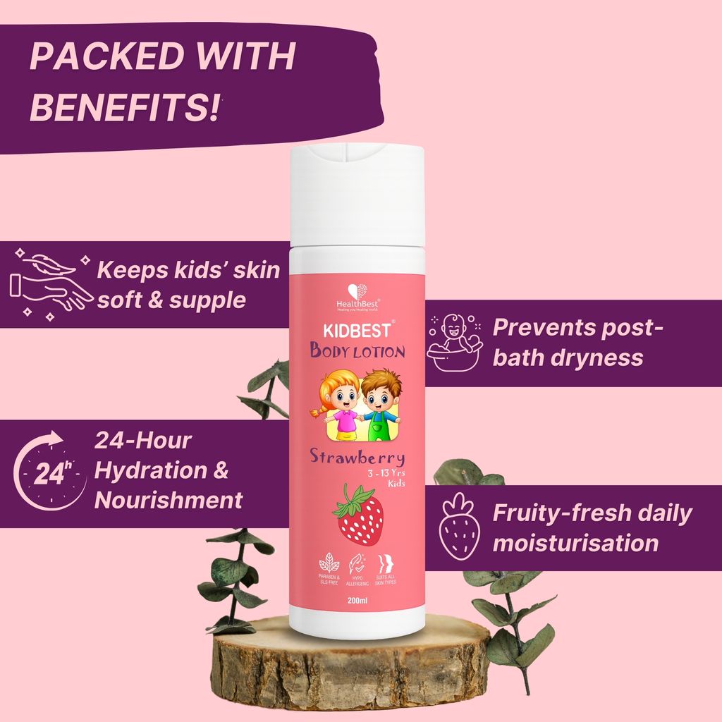 HealthBest Kids Strawberry Body Lotion Daily School Moisturizer for Summer Winter Care with Almond Oil - 200ml view 2
