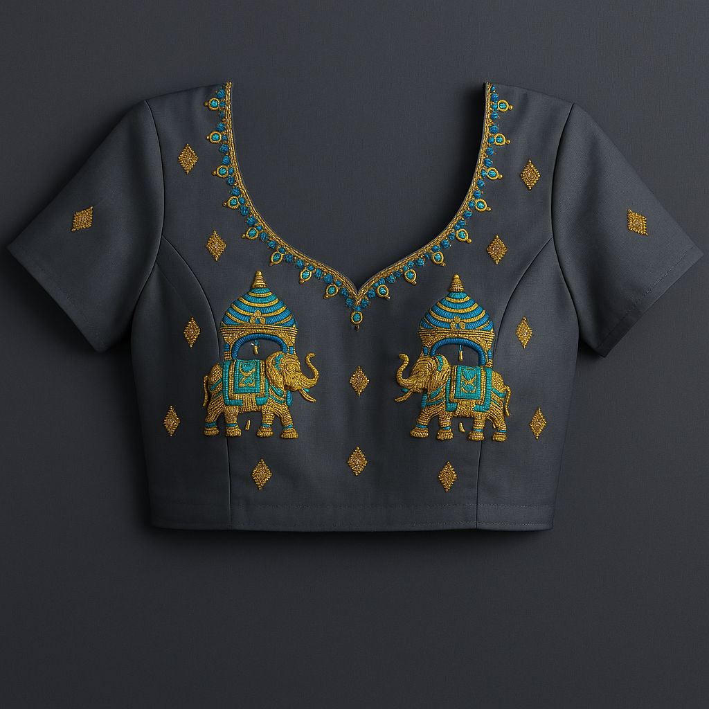 Dark Grey Elephant Embroidered Cotton Blend Women's Blouse