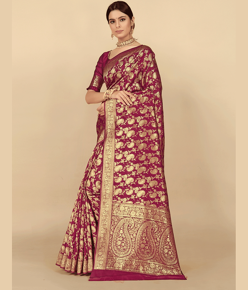 BLEESBURY Banarasi Silk Woven Saree With Unstitched Blouse Piece ( Maroon ) view 2