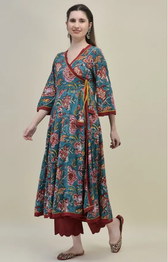 Teal Cotton Angrakha Suit Set with Traditional Hand Block Prints view 2