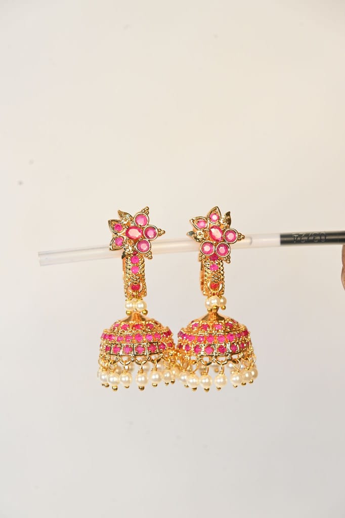 14KT Gold Plated Ruby and Pearl Jhumka Earrings view 2