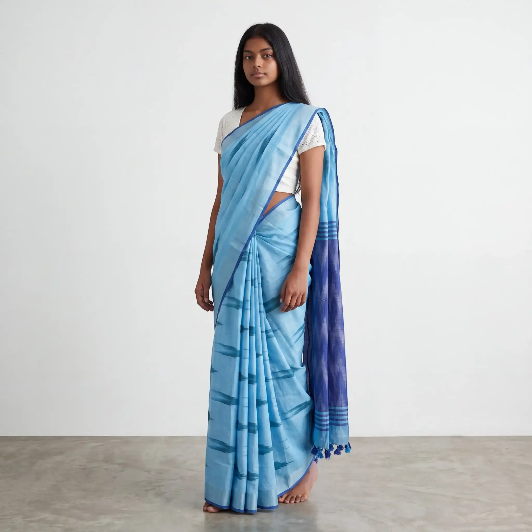 Sambalpuri Ikat Sky Blue Cotton Saree Chevron Indigo Pallu view 2