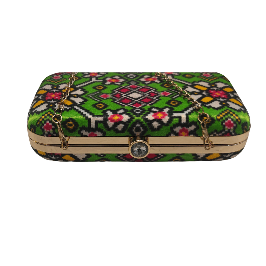 Handmade Printed Patola Box Clutch Bag with Sling Chain view 2