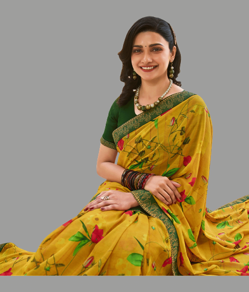 BLEESBURY Chiffon Printed Saree With Unstitched Blouse Piece ( Yellow ) view 2