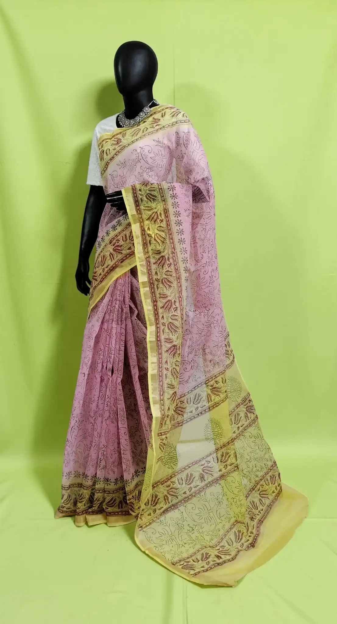 Handwoven Kota Doria Saree in Pink and Yellow with Block Print view 2