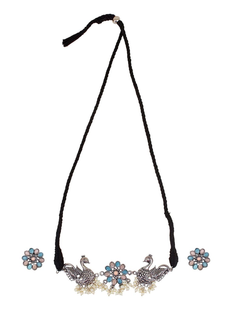 Oxidized Silver Color Duck Design Multicolor Stone Choker Necklace Set view 2