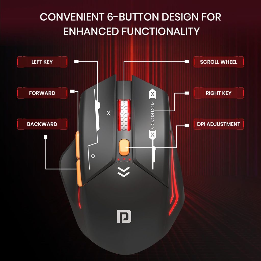 Portronics Vader Max Wireless Rechargeable Mouse, Thumb Support, Bluetooth 5.3 & 2.4 GHz Dual Mode, 6-Button Control, Adjustable DPI Up to 2400,Universal Compatibility for Laptop,Desktop,Gaming(Black) view 2