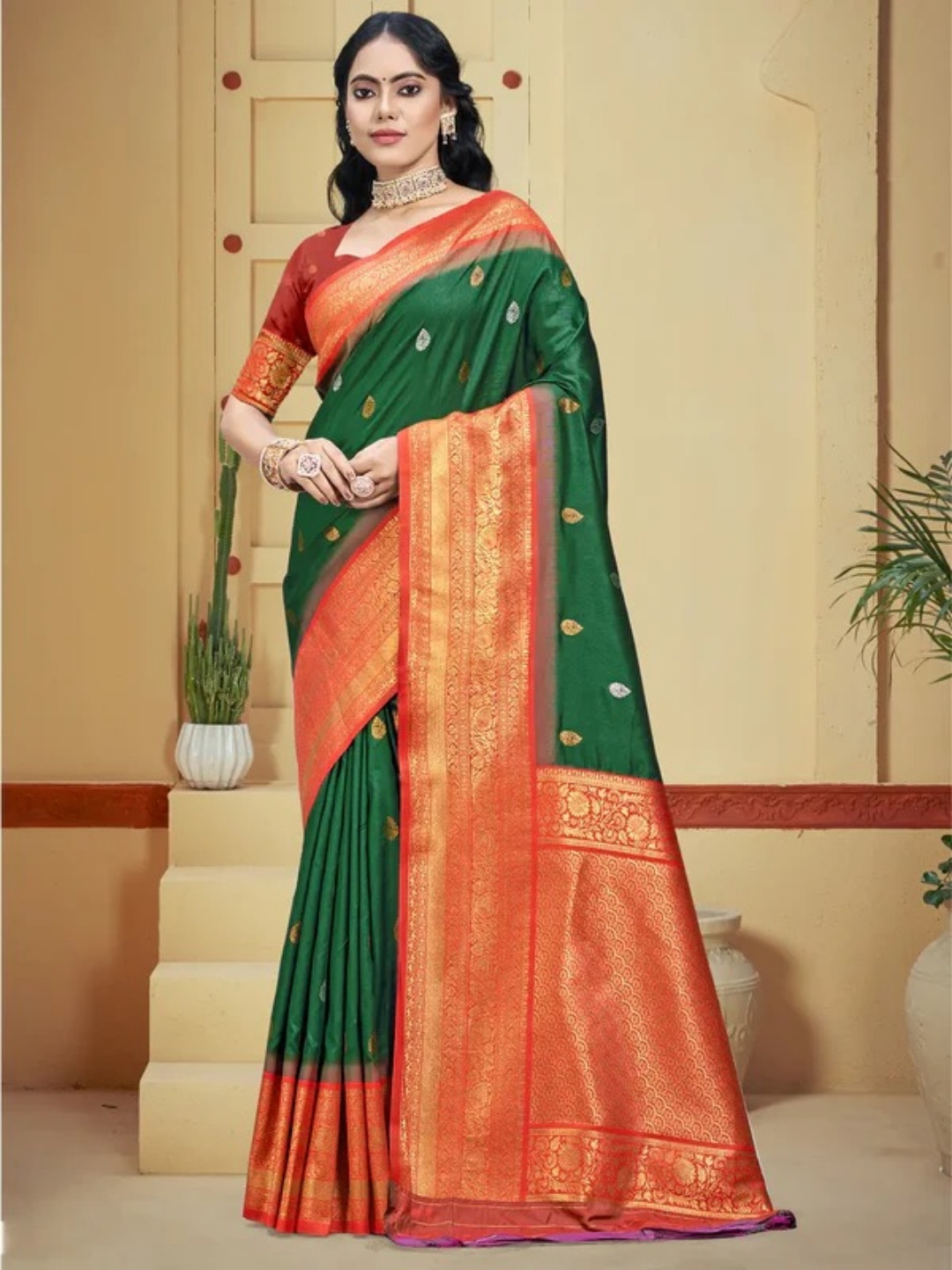 Dark Green Silk Saree view 2