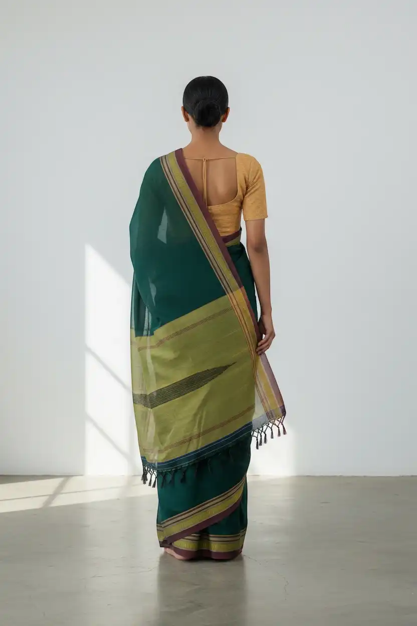 Handwoven Ilkal Saree in Teal Green with Multi-stripe Woven Border view 2
