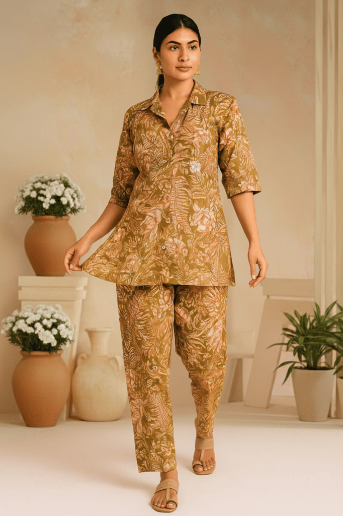 PickCell Olive Printed Delta Fabric Coord Set for Women view 2
